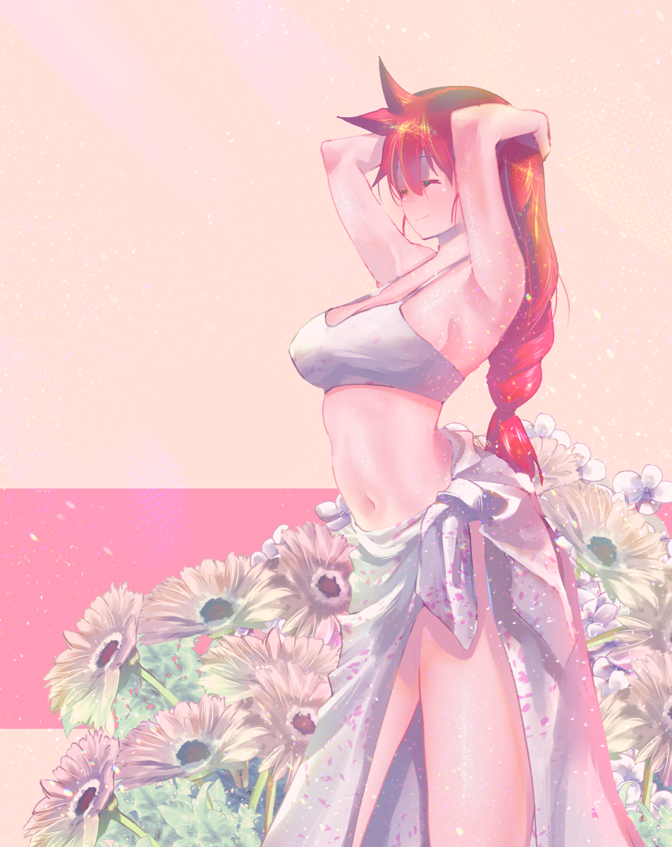 1girl armpits arms_up blush braid breasts closed_eyes closed_mouth commentary_request eyebrows_visible_through_hair flower hair_between_eyes hand_on_own_head highres kemurikusa large_breasts long_hair navel pink_background ponytail red_hair ryou_(kemurikusa) sarong smile solo standing usapenpen2019 white_bikini_top