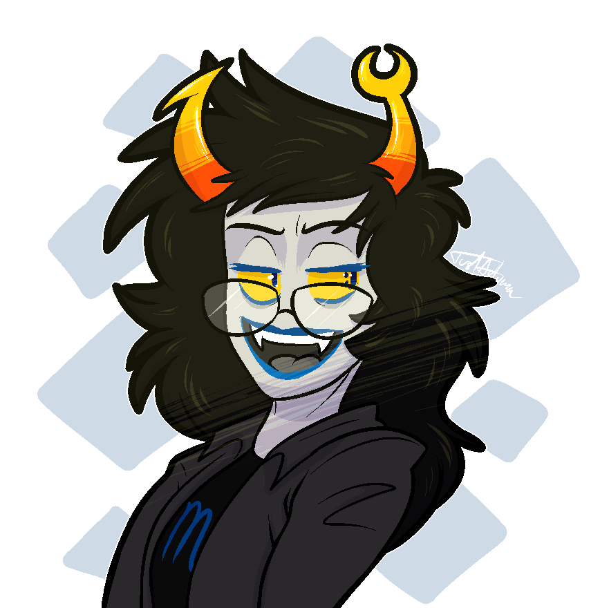 black_clothing black_hair black_shirt black_topwear clothing digital_media_(artwork) eyewear glasses grey_clothing grey_tongue hair homestuck horn horned_humanoid humanoid justautumn ms_paint_adventures not_furry open_mouth shirt signature smile solo teeth tongue topwear vriska_serket webcomic yellow_eyes