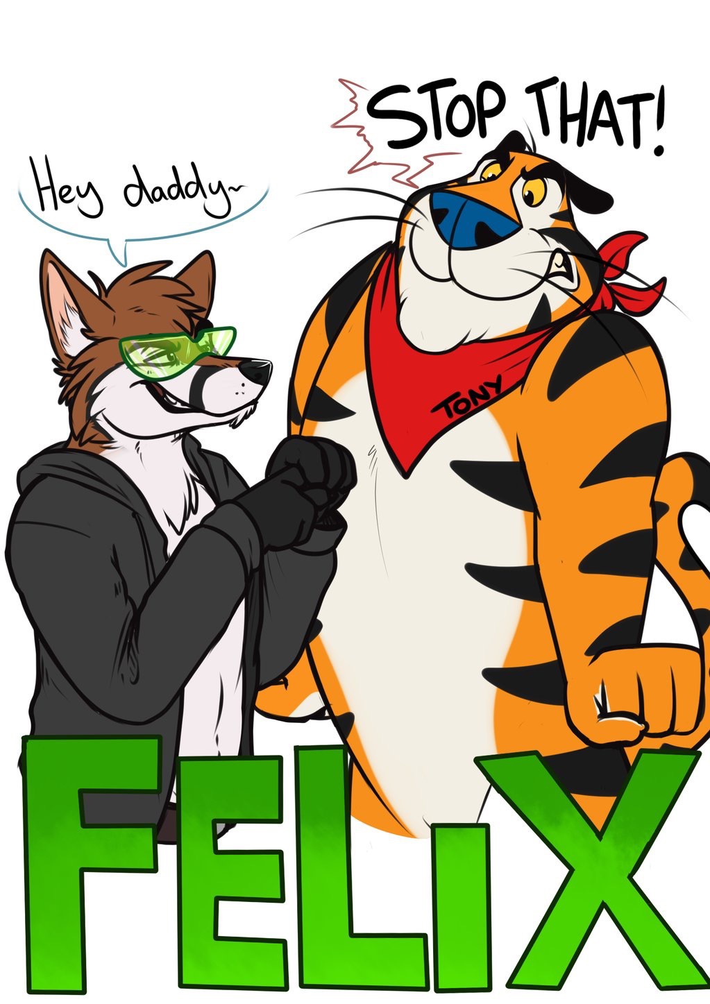 ! angry anthro binturongboy duo english_text felid frosted_flakes hi_res kellogg's male mammal mascot pantherine scarf text tiger tony_the_tiger