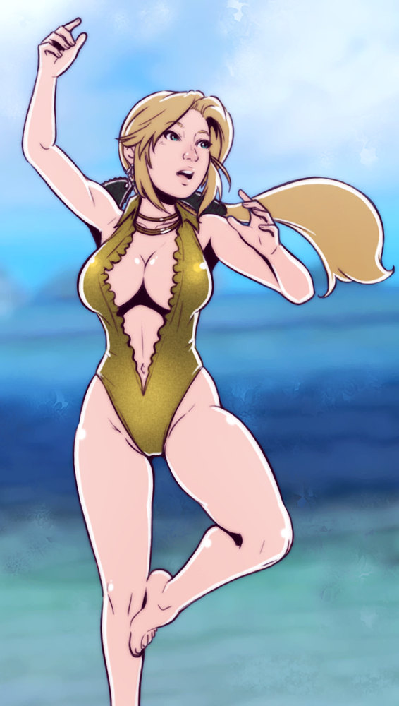 1girl barefoot black_bow blonde_hair blue_eyes bow breasts cleavage dave_cheung dead_or_alive dead_or_alive_xtreme earrings hair_bow helena_douglas jewelry jumping large_breasts long_hair low_ponytail navel neck_ring ocean one-piece_swimsuit plunging_neckline solo source_request swimsuit