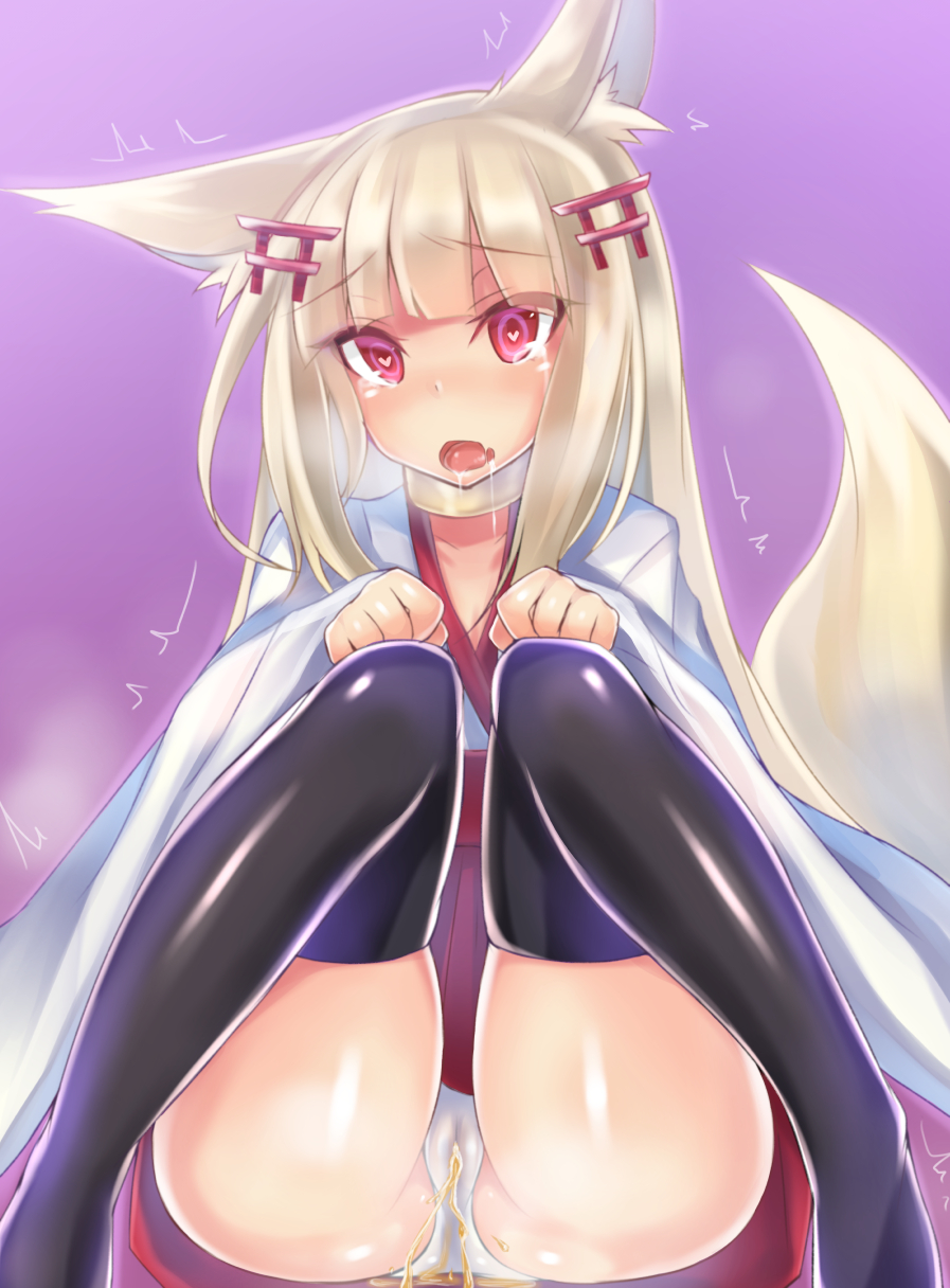 &lt;3 &lt;3_eyes 2014 5_fingers accessory acechan_f animal_humanoid blonde_hair bodily_fluids breath butt camel_toe canid canid_humanoid canine canine_humanoid choker clothing female fingers fluffy fluffy_tail fox_humanoid fur genital_fluids glistening glistening_skin hair hair_accessory hakama hi_res humanoid japanese_clothing jewelry legwear looking_at_viewer mammal mammal_humanoid necklace pink_eyes purple_background saliva shaking simple_background sitting solo tan_fur tears thigh_highs translucent translucent_hair underwear urine