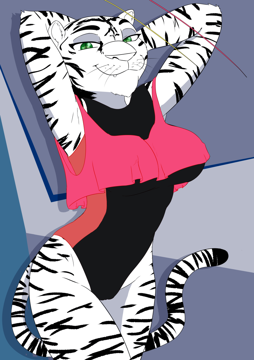 2019 :3 abstract_background akiric alternate_color anthro breasts camel_toe cheek_tuft chin_tuft clitoris_outline clothed clothing crop_top cute_fangs disney elbow_tufts felid female fur green_eyes half-closed_eyes hands_behind_head hi_res leotard looking_at_viewer mammal nipple_outline officer_fangmeyer pantherine shirt slit_pupils smile solo standing striped_fur stripes tank_top tiger topwear tuft whiskers white_fur zootopia