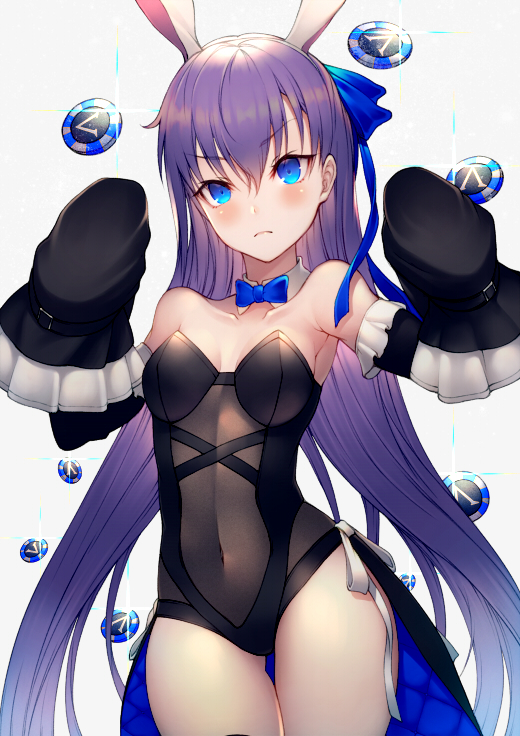 1girl animal_ears bangs banned_artist bare_shoulders black_leotard blue_bow blue_eyes blue_neckwear blue_ribbon blush bow breasts bunny_ears bunnysuit closed_mouth coattails covered_navel detached_collar detached_sleeves fate/grand_order fate_(series) hair_between_eyes kyoeiki leotard long_hair long_sleeves looking_at_viewer meltryllis poker_chip purple_hair ribbon simple_background sleeves_past_fingers sleeves_past_wrists small_breasts solo thighs very_long_hair white_background