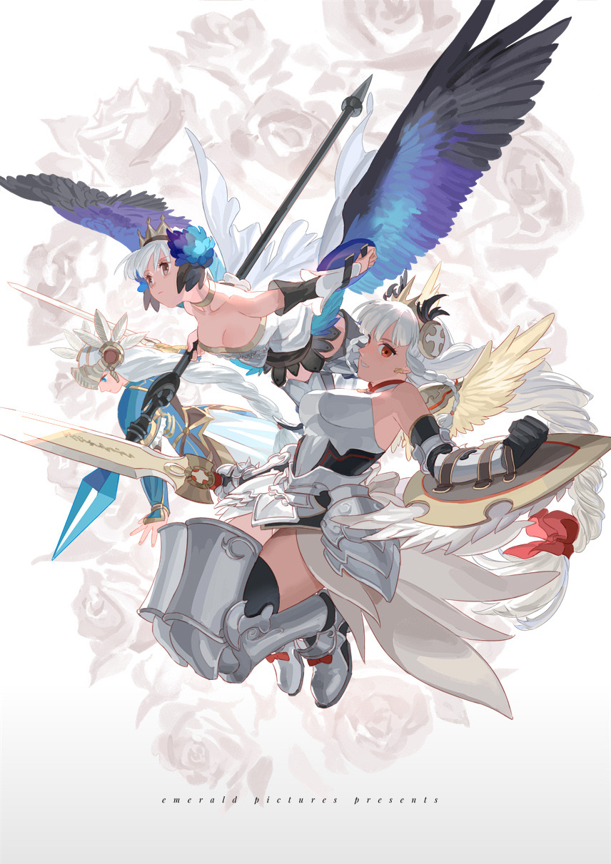 3girls armor armored_dress bare_shoulders blue_eyes breasts brown_eyes cleavage crossover feathered_wings greaves gwendolyn highres holy_pumpkin lenneth_valkyrie light_valkyrie_(p&amp;d) looking_at_viewer midair multiple_crossover multiple_girls odin_sphere parted_lips polearm puzzle_&amp;_dragons serious shield silver_hair spear sword tiara valkyrie valkyrie_(p&amp;d) valkyrie_profile visor_(armor) weapon white_hair wings