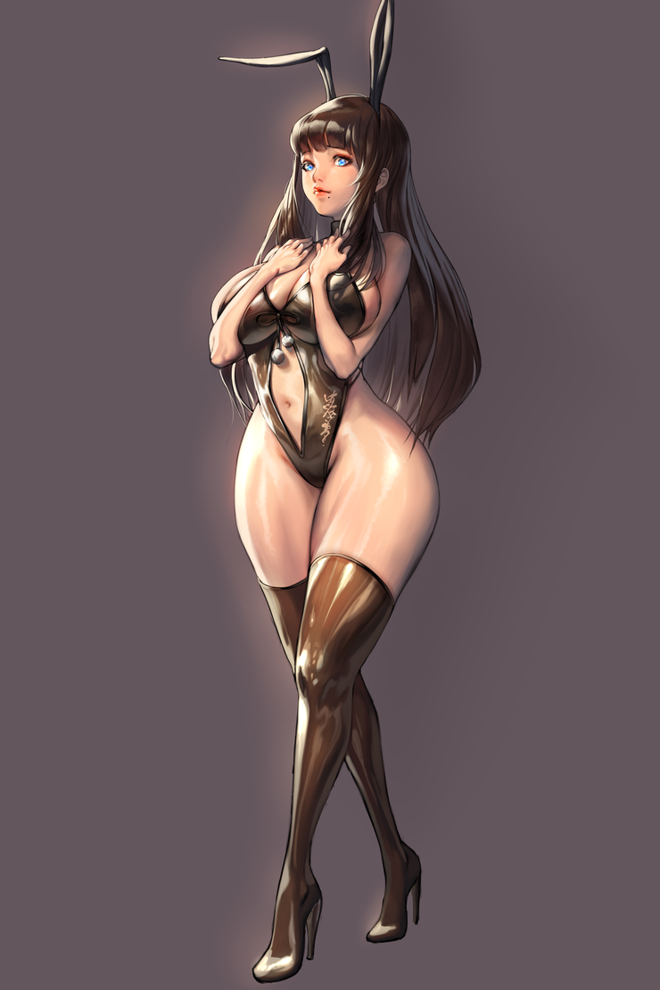 1girl animal_ears bangs black_hair black_leotard blade_&amp;_soul blue_eyes blunt_bangs boots breast_press breasts bunny_ears bunny_girl bunnysuit closed_mouth curvy fake_animal_ears full_body furrowed_eyebrows grey_background hand_on_own_chest high_collar high_heel_boots high_heels highleg highleg_leotard large_breasts leotard lips lipstick long_hair looking_at_viewer makeup mole mole_under_mouth navel navel_cutout original sidelocks simple_background sleeveless smile solo standing thick_thighs thigh_boots thighhighs thighs zig90