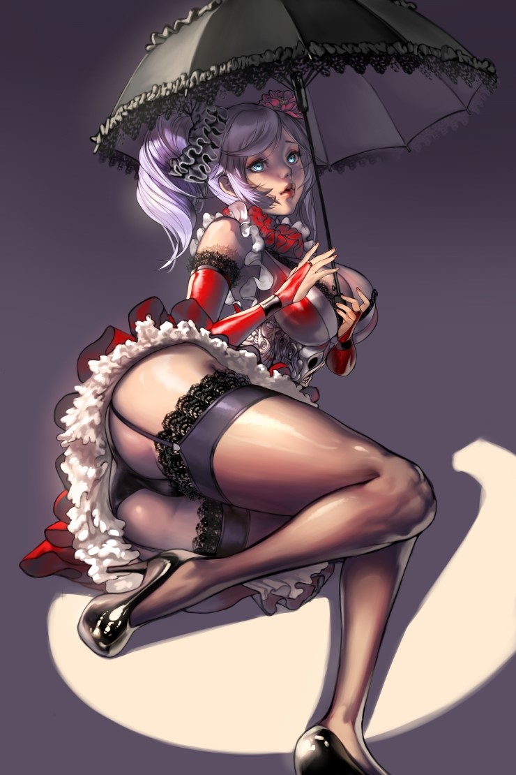 1girl aqua_eyes ass bangs bare_shoulders black_panties blade_&amp;_soul breasts bridal_gauntlets cleavage closed_mouth dress flower frilled_dress frills full_body furrowed_eyebrows garter_straps gloves hair_flower hair_ornament high_heels holding holding_umbrella lace lace-trimmed_gloves lace-trimmed_legwear lace-trimmed_umbrella large_breasts lips lipstick lolita_fashion looking_at_viewer lying makeup medium_hair nail_polish on_side original panties purple_eyes red_dress red_gloves scrunchie short_dress sidelocks skindentation sleeveless solo swept_bangs thighhighs twintails umbrella underwear zig90