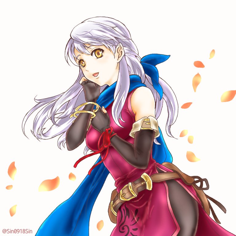 1girl :d bangle bare_shoulders belt black_gloves blue_scarf bracelet breasts cowboy_shot dress elbow_gloves fingerless_gloves fire_emblem fire_emblem:_radiant_dawn gloves hair_ribbon half_updo jewelry long_hair micaiah open_mouth petals ribbon scarf side_slit silver_eyes simple_background sin0918sin sleeveless sleeveless_dress smile solo twitter_username upper_body yellow_eyes