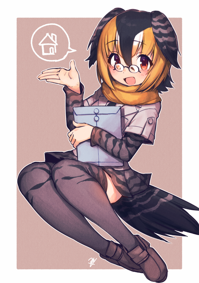 1girl :d bangs bird_tail bird_wings black_hair blonde_hair blush brown_footwear campo_flicker_(kemono_friends) eyebrows_visible_through_hair full_body glasses grey_hair hair_between_eyes hatagaya head_wings kemono_friends loafers long_sleeves looking_at_viewer multicolored_hair necktie open_mouth outline package pleated_skirt print_legwear print_skirt print_sleeves red_eyes scarf shoes short_hair short_over_long_sleeves short_sleeves skirt smile solo speech_bubble spoken_object thighhighs white_outline wings yellow_scarf zettai_ryouiki