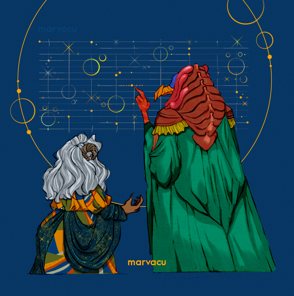 2019 alien ambiguous_gender astronomy aughra avian beak bird claws clothed clothing diagram digital_drawing_(artwork) digital_media_(artwork) dress duo emotional english_text fingers grey_hair hair horn humanoid mammal marvacu monster rear_view robe simple_background skeksis skektek_(tdc) text the_dark_crystal