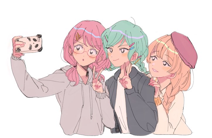 3girls alternate_hairstyle bang_dream! bangs beret bespectacled black_jacket blonde_hair braid cellphone cropped_torso glasses green_hair grey_hoodie grin group_picture hair_ornament hair_over_shoulder hairclip hairpin hand_on_another's_shoulder hat hikawa_hina hood hood_down jacket long_sleeves low_twintails maruyama_aya multiple_girls phone pink_hair red-framed_eyewear red_headwear res2shuu self_shot shirasagi_chisato shirt simple_background single_braid smartphone smile taking_picture twin_braids twintails upper_body white_background white_shirt