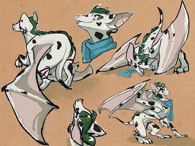canid canine canis chiropteran dalmatian domestic_dog dragon elvche invalid_color jacques male mammal model_sheet mohawk_(disambiguation) scarf simple_background solo spots straps wings