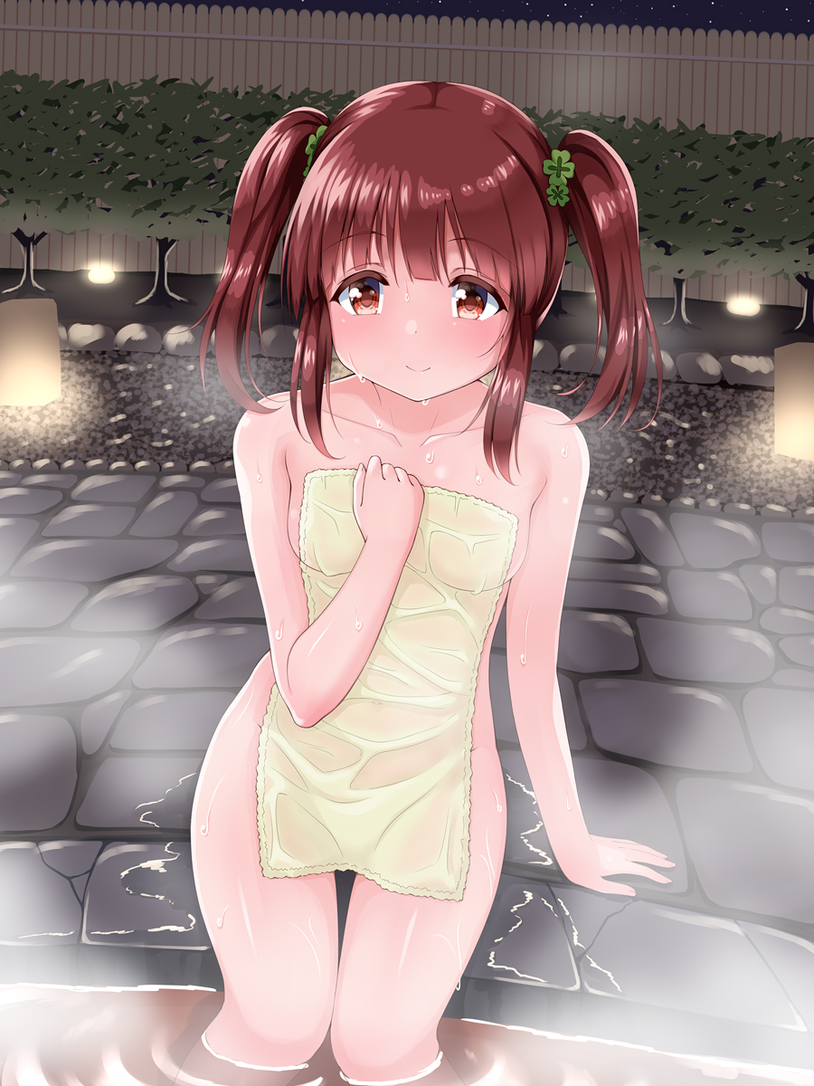 1girl arm_support blush breasts brown_eyes brown_hair closed_mouth clover_hair_ornament collarbone commentary_request covering fence four-leaf_clover_hair_ornament hair_ornament hand_up highres idolmaster idolmaster_cinderella_girls idolmaster_cinderella_girls_starlight_stage lantern night night_sky nude_cover ogata_chieri outdoors sidelocks sitting sky small_breasts smile soaking_feet solo star_(sky) starry_sky towel twintails u2_(5798239) water wet_towel