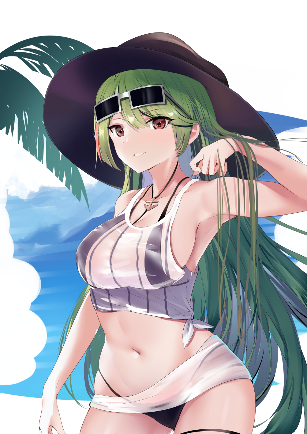 1girl alternate_costume arm_up armpits azur_lane bangs bare_arms bare_shoulders bikini black_bikini black_headwear blush breasts brown_eyes cowboy_shot crop_top day earrings eyebrows_visible_through_hair eyewear_on_head green_hair hand_up hat highres jewelry large_breasts littorio_(azur_lane) littorio_(the_glory_of_naples)_(azur_lane) long_hair looking_at_viewer midriff multicolored_hair navel necklace outdoors palm_leaf parted_lips red_eyes red_hair schreibe_shura see-through shirt sidelocks silver-framed_eyewear skindentation sky sleeveless sleeveless_shirt smile solo standing stomach streaked_hair sun_hat sunglasses swimsuit thigh_strap very_long_hair white_shirt