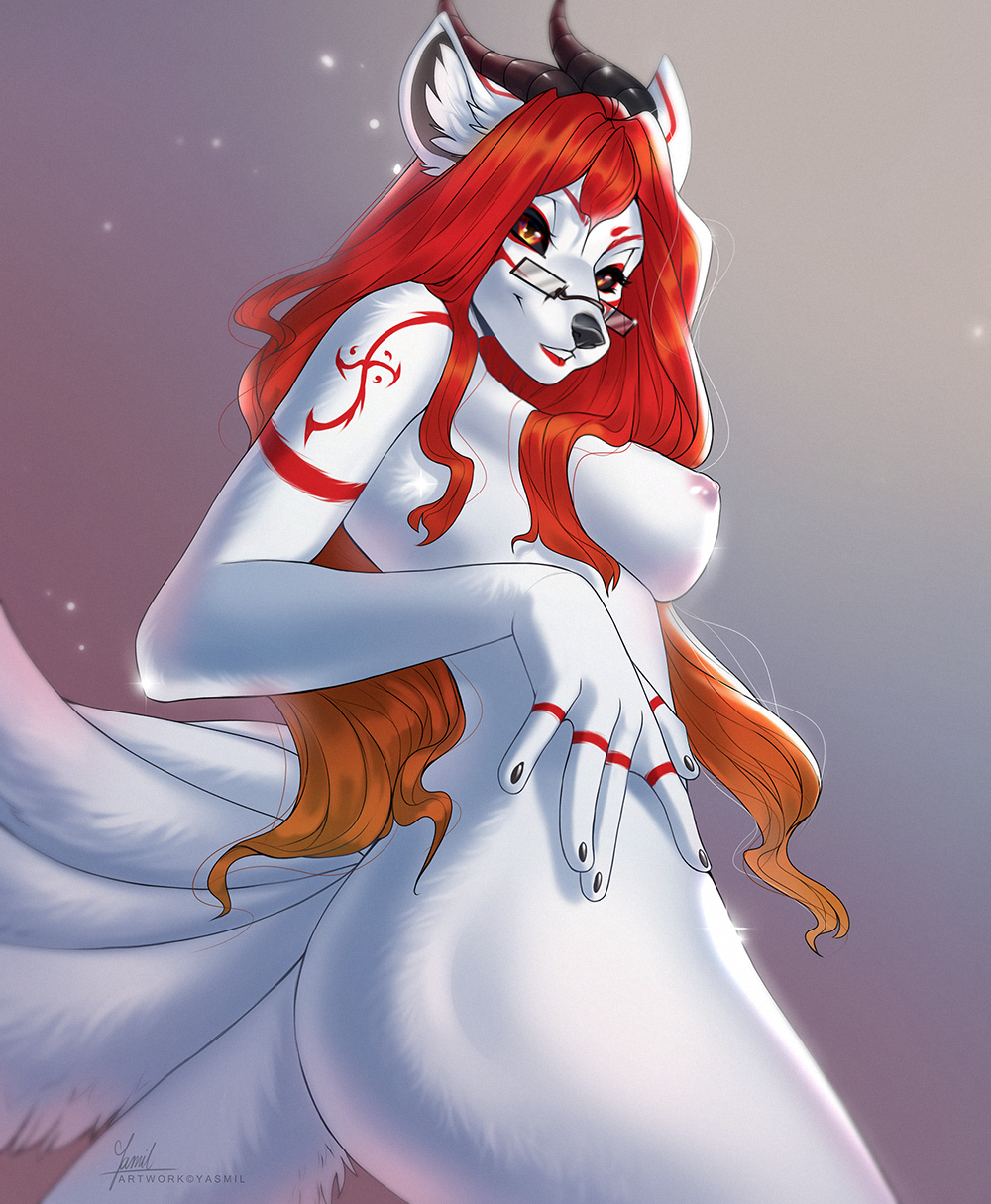 2019 5_fingers anthro areola black_sclera breasts canid canine digital_media_(artwork) eyebrows eyelashes female fingers fox fur gallar_(nnecgrau) hair hi_res horn hybrid mammal nipples red_eyes red_hair simple_background solo standing white_fur yasmil