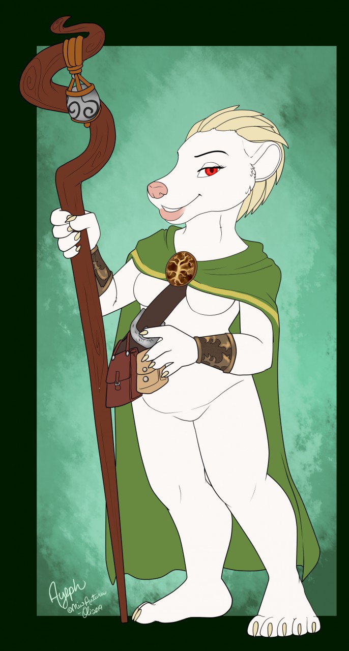 2019 albino anthro armello armor ayeph belt_pouch breasts cloak clothing cosplay digital_media_(artwork) eulipotyphlan female fur hair half-closed_eyes hedgehog hi_res looking_at_viewer mammal mostly_nude oli_snowpaw pink_nose red_eyes sana_(armello) short_hair smile solo staff standing straps vampraces video_games white_fur