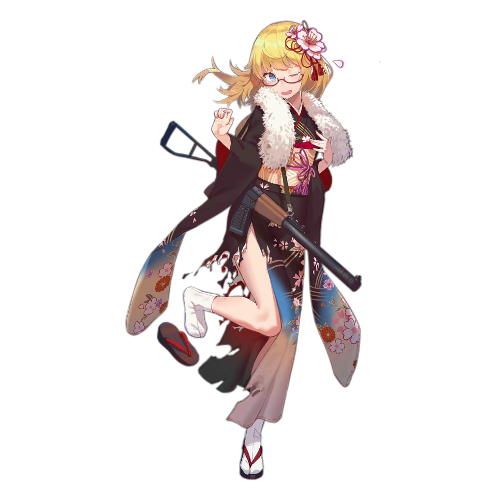 1girl alternate_costume as_val as_val_(girls_frontline) assault_rifle blonde_hair blue_eyes fangdan_runiu floral_print flower fur_collar girls_frontline glasses gun hair_flower hair_ornament japanese_clothes kimono long_hair official_art one_eye_closed rifle sandals shoes_removed socks solo tabi torn_clothes torn_kimono transparent_background weapon
