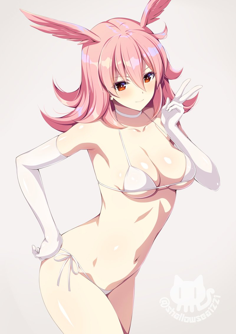 1girl asami_asami bangs bare_shoulders bikini blush breasts choker closed_mouth collarbone commentary_request cowboy_shot elbow_gloves eyebrows_visible_through_hair eyelashes fate/grand_order fate_(series) gloves groin hair_between_eyes hand_on_hip hand_up head_tilt head_wings hildr_(fate/grand_order) legs_together long_hair looking_at_viewer medium_breasts midriff navel orange_eyes pink_hair side-tie_bikini sidelocks simple_background skindentation solo standing stomach strap_gap string_bikini swimsuit twitter_username underboob valkyrie_(fate/grand_order) white_bikini white_choker white_gloves