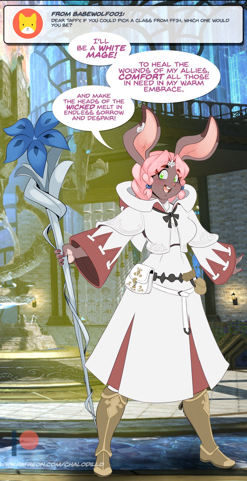 2019 anthro ask_blog blush breasts chalo clothed clothing dialogue english_text female final_fantasy green_eyes hair hi_res lagomorph las_lindas leporid mammal open_mouth patreon pink_hair rabbit solo square_enix standing taffy_(las_lindas) text url video_games webcomic white_mage