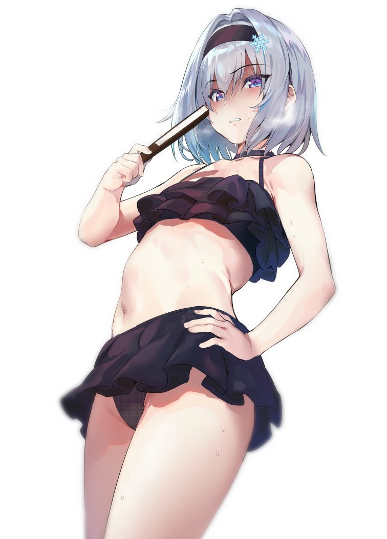 1girl bikini bikini_skirt black_bikini choker eyebrows_visible_through_hair fan from_below hair_between_eyes hair_intakes hair_ornament hairband hand_on_hip holding holding_fan iku_(ikuchan_kaoru) looking_at_viewer navel parted_lips ryuuou_no_oshigoto! shaded_face short_hair silver_hair simple_background snowflake_hair_ornament solo sora_ginko swimsuit teeth white_background