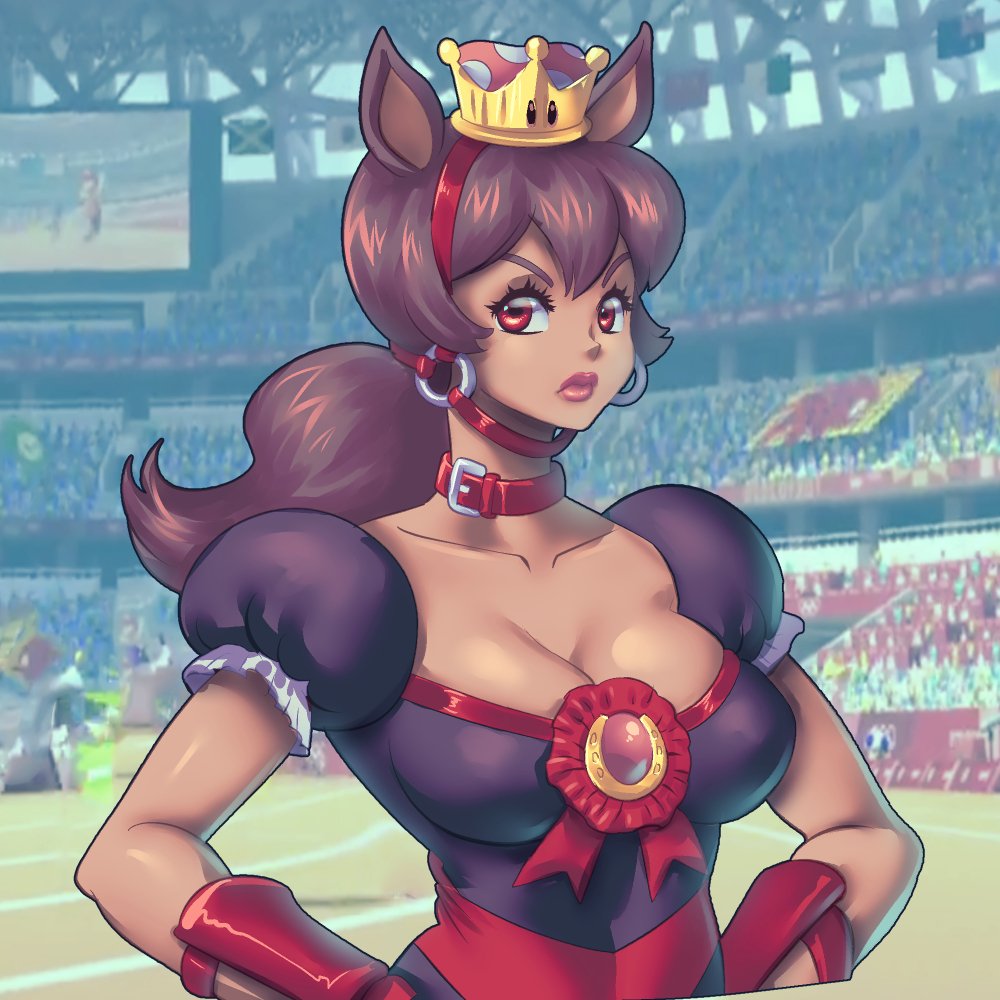 1:1 animal_humanoid breasts brown_fur cleavage clothed clothing collar crown dark_skin dress equid equid_humanoid equine equine_humanoid female fur horse_humanoid humanoid mammal mammal_humanoid mario_&amp;_sonic_at_the_olympic_games mario_bros nintendo red_eyes super_crown supersatanson video_games