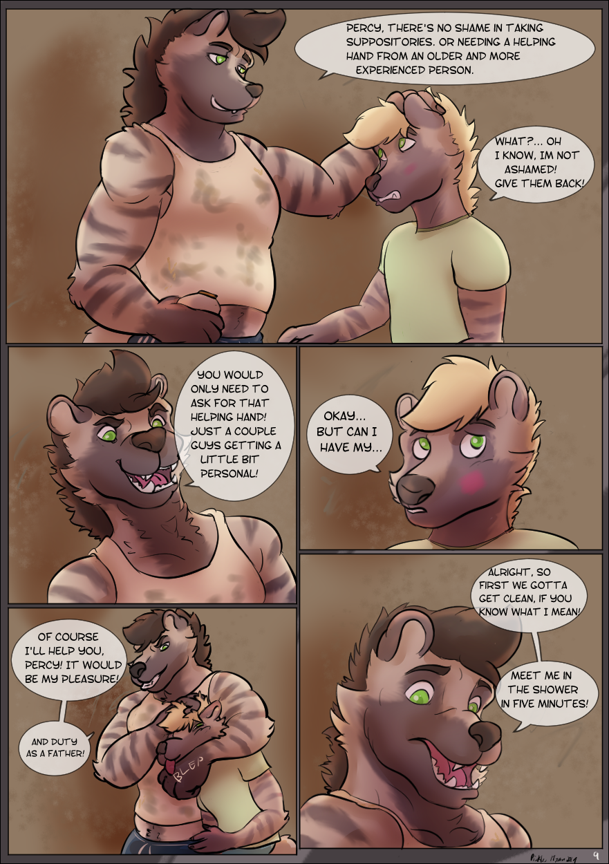 blush clothing comic father father_and_son green_eyes headlock hi_res hyaenid mammal parent pickles-hyena son striped_hyena tongue