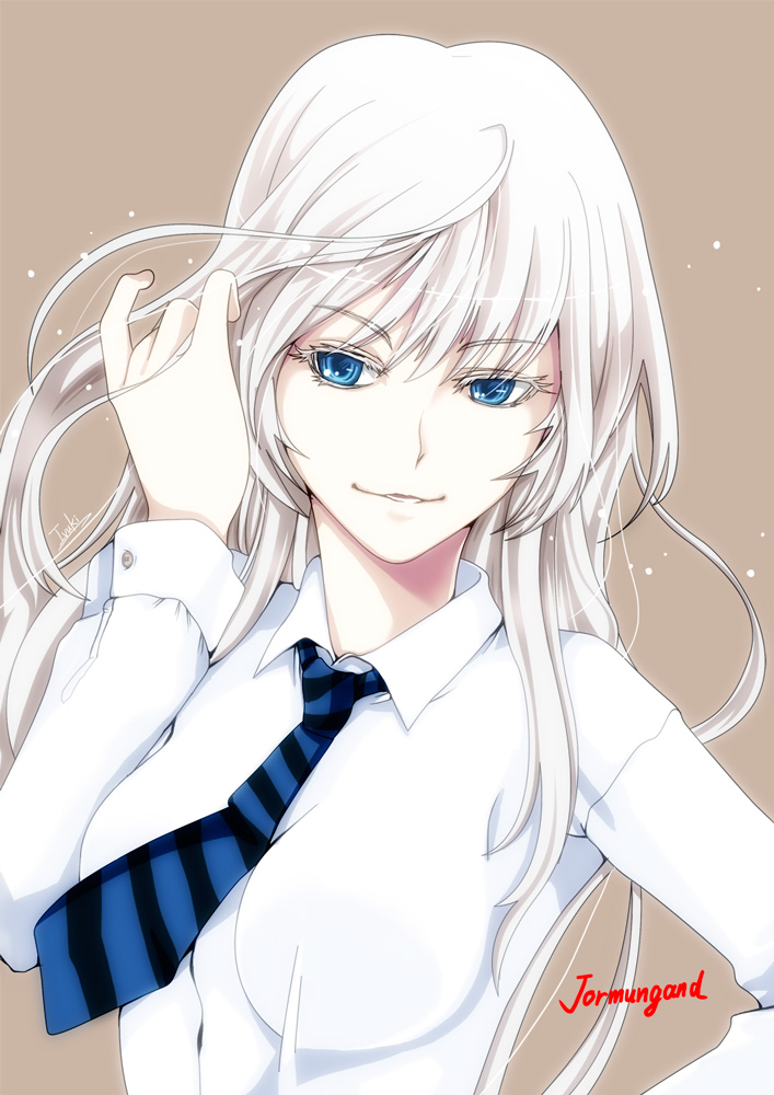1girl blue_eyes breasts closed_mouth commentary_request ivuki jormungand koko_hekmatyar long_hair looking_at_viewer necktie silver_hair simple_background smile solo white_hair