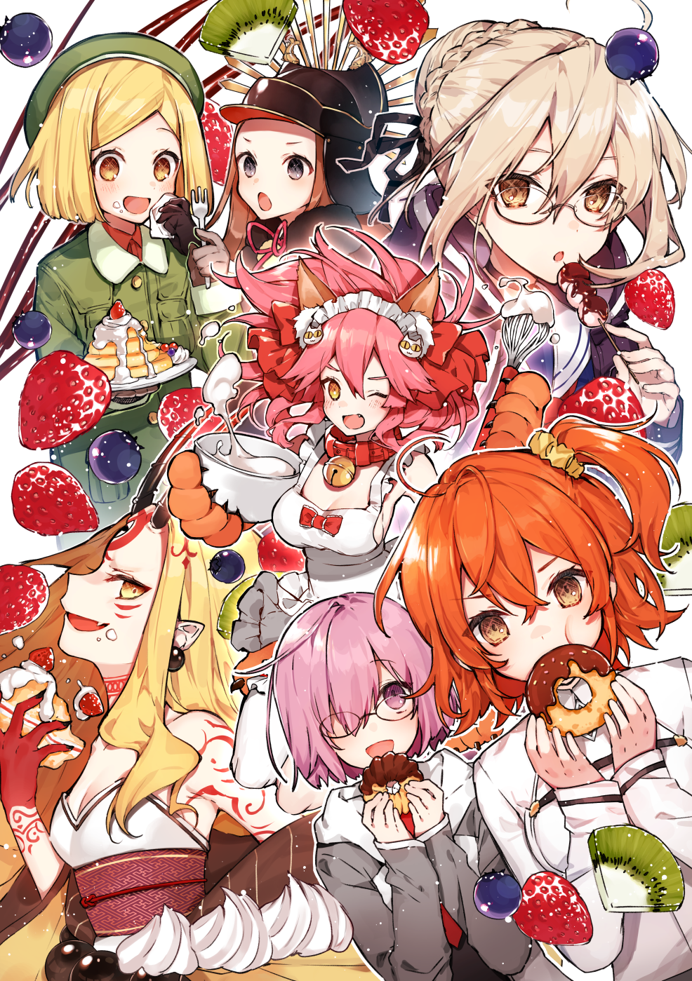 6+girls ahoge animal_ear_fluff animal_ears apron artoria_pendragon_(all) bangs bare_shoulders bell bell_collar beret black-framed_eyewear black_dress blonde_hair blueberry blush bow bowl braid breasts brown_hair cake cat_hair_ornament cat_paws chacha_(fate/grand_order) chaldea_uniform coat collar cream dango doughnut dress duffel_coat earrings eating facial_mark family_crest fang fate/extra fate/grand_order fate_(series) fingernails food forehead forehead_mark fork fox_ears fox_girl french_braid fruit fujimaru_ritsuka_(female) glasses gloves green_coat green_headwear grey_eyes grey_jacket hair_between_eyes hair_bow hair_bun hair_ornament hair_over_one_eye hair_scrunchie hanakeda_(hanada_shiwo) hat helmet highres hood hooded_coat hooded_jacket horns ibaraki_douji_(fate/grand_order) jacket japanese_clothes jewelry jingle_bell kimono kiwifruit koha-ace large_breasts lavender_hair long_hair long_sleeves looking_at_viewer maid_headdress mash_kyrielight medium_breasts multiple_girls mysterious_heroine_x_(alter) naked_apron napkin necktie obi oda_uri one_eye_closed one_side_up oni oni_horns open_clothes open_coat open_mouth orange_eyes orange_hair pancake parted_bangs paul_bunyan_(fate/grand_order) paw_gloves paws pink_hair pointy_ears ponytail purple_eyes purple_jacket red_bow sash scrunchie semi-rimless_eyewear sharp_fingernails shirt short_hair side_ponytail sidelocks simple_background skewer slice_of_cake small_breasts smile strawberry strawberry_shortcake tamamo_(fate)_(all) tamamo_cat_(fate) tattoo under-rim_eyewear wagashi whipped_cream whisk white_background white_shirt yellow_eyes yellow_kimono