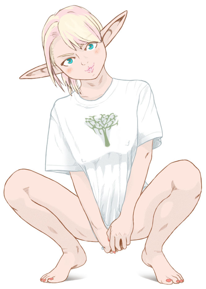 alpha_channel blonde_hair bottomless clothed clothing crouching elf female hair humanoid humanoid_pointy_ears jetfrozen not_furry shirt simple_background solo topwear transparent_background