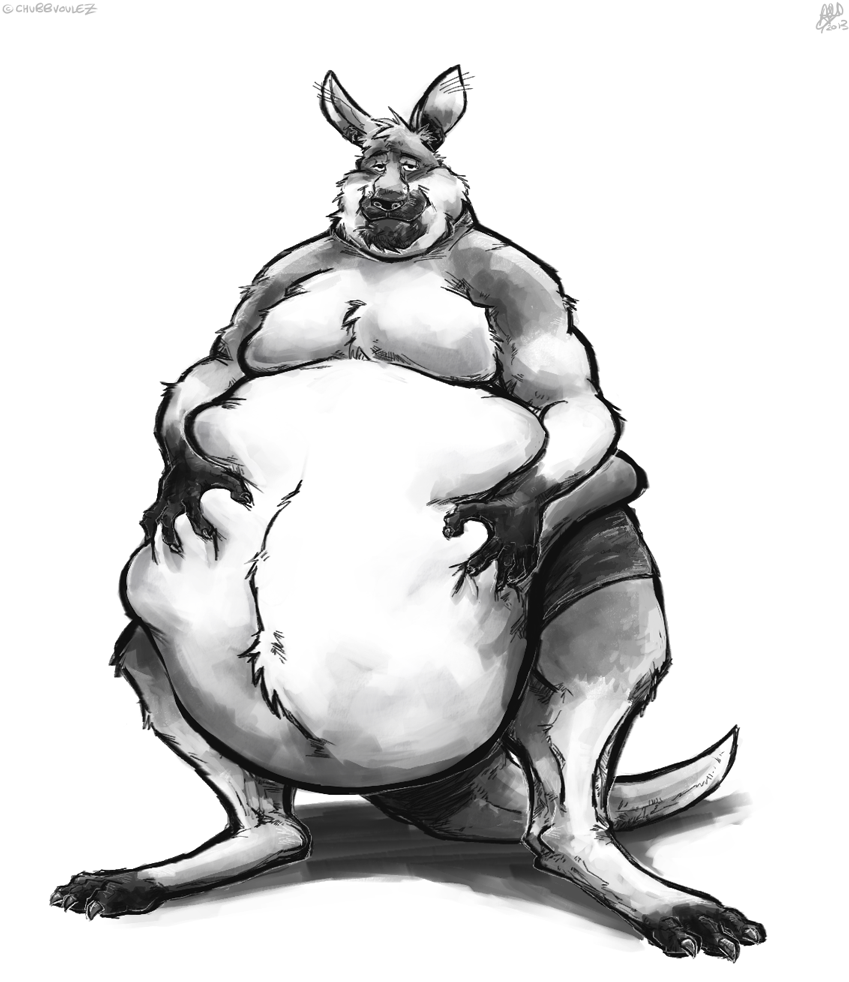 anthro aokmaidu belly belly_fondling belly_overhang big_belly claws clothed clothing fur grey_kangaroo greyscale hand_on_stomach kangaroo love_handles macropod male mammal marsupial monochrome moobs obese obese_male overweight overweight_male self_grab simple_background smile solo standing toe_claws topless white_background