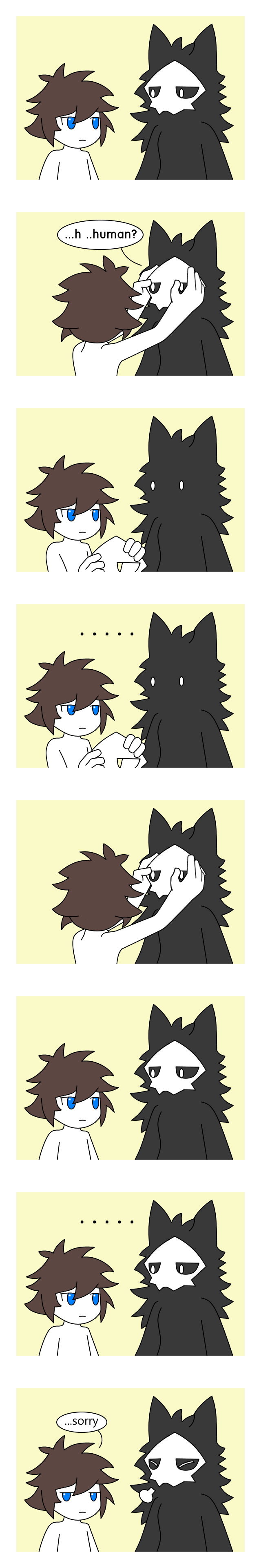 absurd_res anthro blue_eyes canid canine canis changed_(video_game) comic duo hair hi_res human lin_(changed) louise_k mammal mask monster puro_(changed) wolf