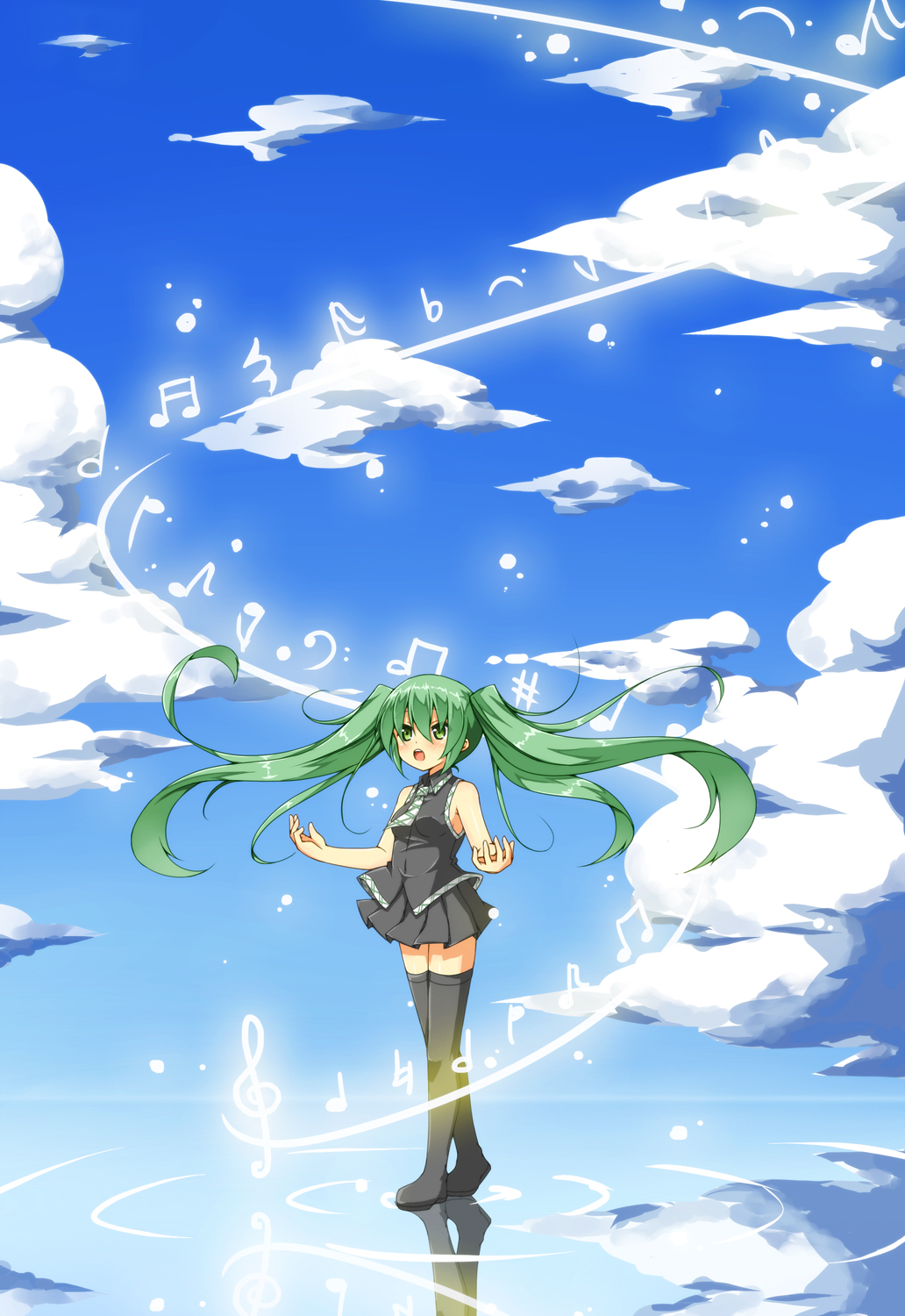 1girl bass_clef beamed_eighth_notes beamed_sixteenth_notes black_footwear black_skirt black_vest blush boots cloud eighth_note flat_sign green_eyes green_hair half_note hatsunatsu hatsune_miku highres long_hair music musical_note natural_sign necktie open_mouth pleated_skirt quarter_note quarter_rest reflection ripples sharp_sign singing sixteenth_note skirt sky solo thigh_boots thighhighs treble_clef twintails very_long_hair vest vocaloid water