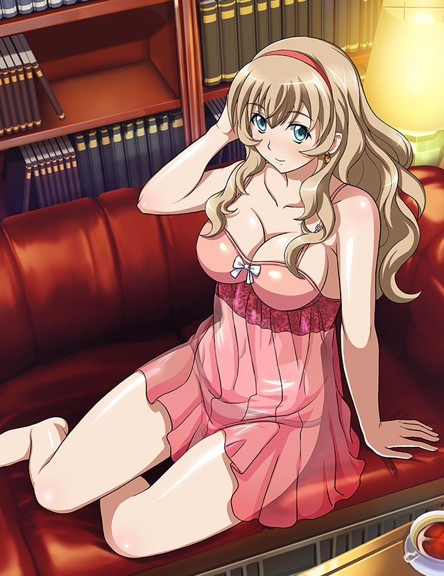 1girl bangs bare_arms bare_legs barefoot blue_eyes bookshelf breasts cleavage closed_mouth collarbone dress earrings hair_between_eyes hairband hand_in_own_hair ikkitousen jewelry large_breasts light_brown_hair long_hair magatama magatama_earrings nightgown panties pink_dress red_hairband see-through see-through_dress shiny shiny_hair shiny_skin short_dress sideboob sitting sleepwear sleeveless sleeveless_dress smile solo sonken_chuubou underwear