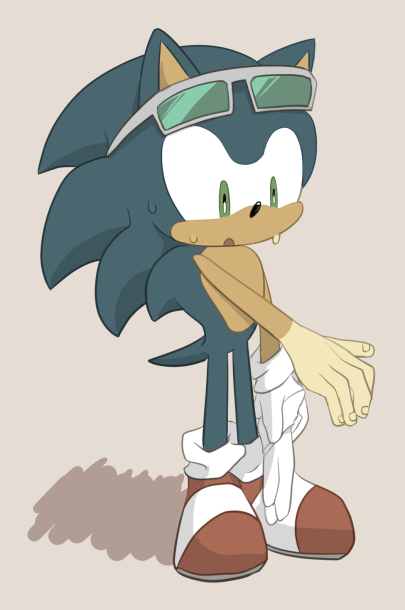 anthro blue_fur bodily_fluids clothing eulipotyphlan eyewear footwear fur gloves green_eyes handwear hedgehog male mammal pink_background shoes sikai simple_background solo sonic_(series) sonic_the_hedgehog sunglasses suntan sweat tan_line tanned