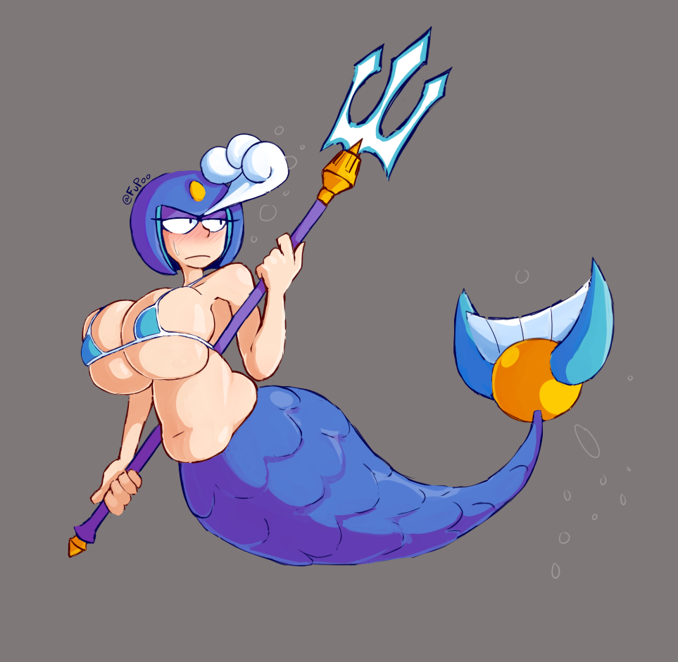 animal_humanoid armor belly big_breasts bikini blue_clothing blush breasts capcom clothing female fupoo headgear helmet humanoid machine marine mega_man_(series) melee_weapon merfolk midriff polearm robot simple_background solo splash_woman swimwear trident video_games weapon