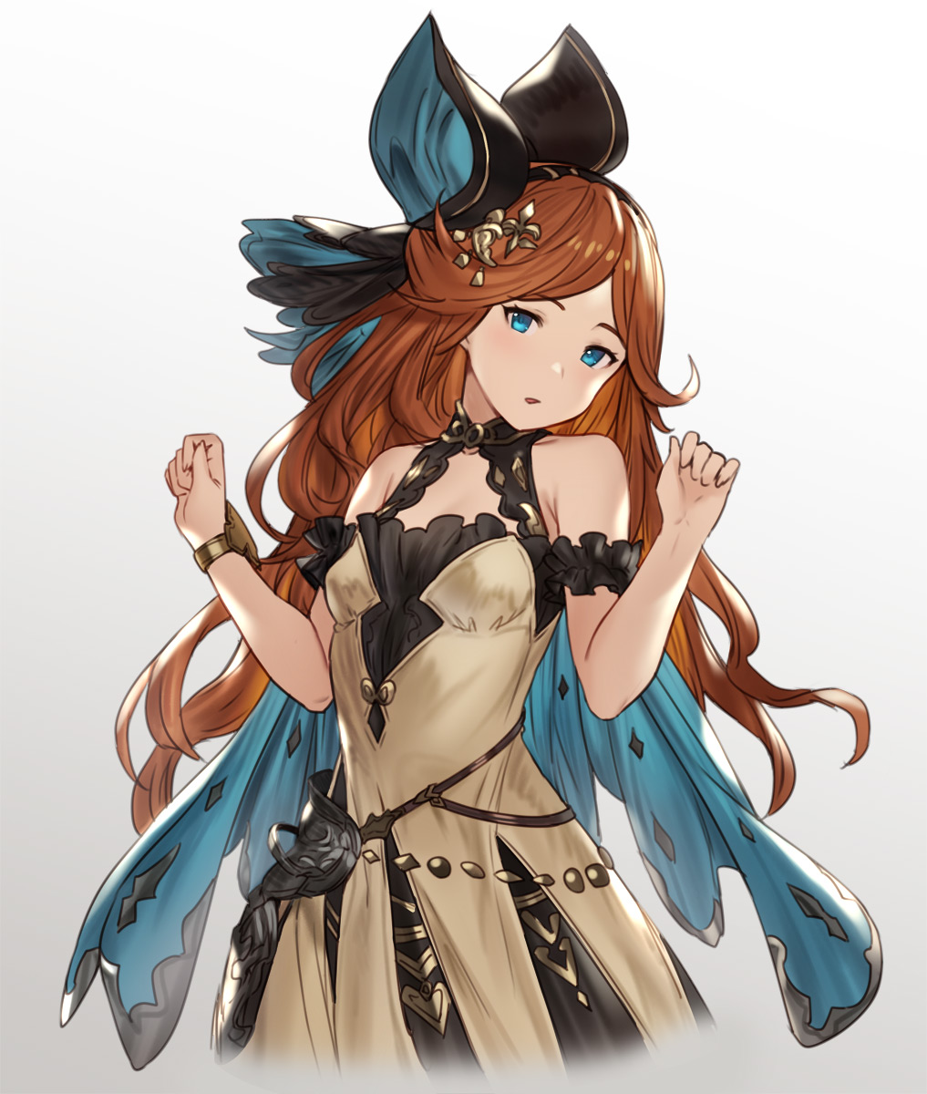 1girl bangs bare_shoulders black_bow black_hairband black_ribbon blue_cape blue_eyes bow bracelet breasts brown_dress cape collarbone dress gradient gradient_background granblue_fantasy grey_background hair_ribbon hairband hands_up highres houtengeki jewelry long_hair looking_at_viewer open_mouth orange_hair parted_bangs ribbon sara_(granblue_fantasy) simple_background small_breasts solo upper_body