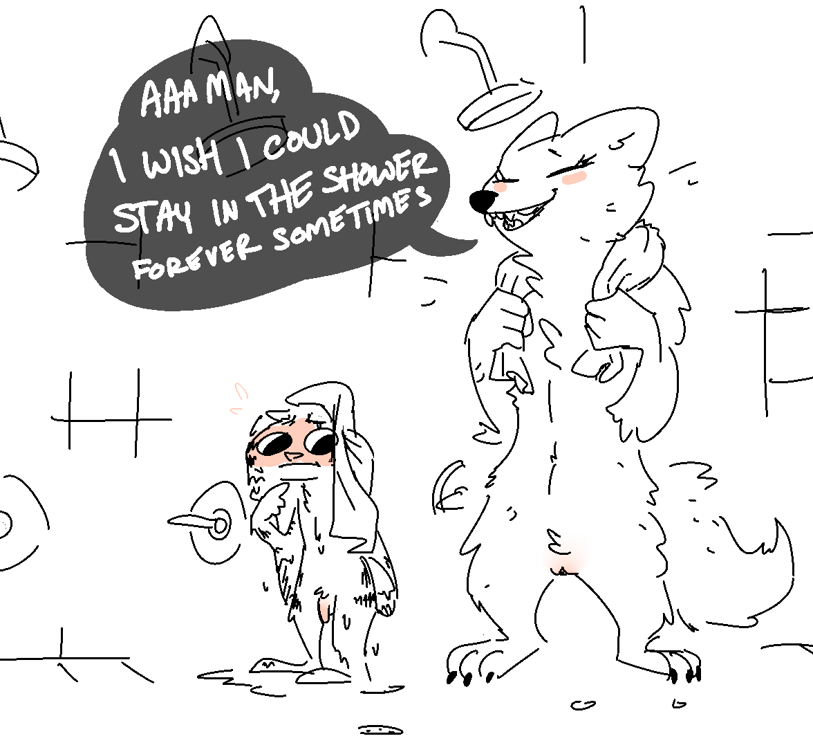 anthro being_watched blush canid canine dialogue disney duo english_text eyes_closed female fox jack_savage lagomorph leporid looking_at_another male mammal nobby_(artist) penis pussy rabbit shower sketch skye_(zootopia) speech_bubble stare teeth text towel water zootopia
