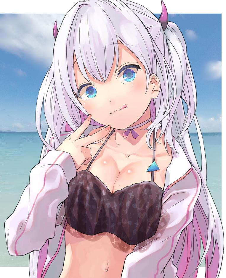 1girl avatar_2.0_project bangs bare_shoulders black_bikini_top blue_eyes blue_sky blush breasts choker cleavage closed_mouth cloud collarbone day hair_between_eyes hair_ornament jacket long_hair looking_at_viewer medium_breasts multicolored_hair musubime_yui nail_polish navel ocean open_clothes open_jacket outdoors pink_hair pink_nails purple_hair sky smile solo streaked_hair taker_(flamestorm) tongue tongue_out upper_body v virtual_youtuber white_choker white_jacket