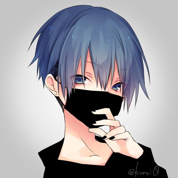 1boy avatar_icon black_mask_(clothing) black_nails blue_eyes blue_hair commentary_request covered_mouth face_mask hand_up kuroi_(liar-player) looking_at_viewer male_focus mask nail_polish original portrait solo undercut