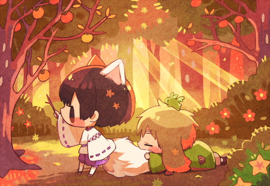 00tuma00 2boys animal_ears axis_powers_hetalia bangs blonde_hair blush bob_cut brown_hair bunny_ears bush chibi closed_eyes commentary_request creature creature_on_head extra_ears flower food forest fox_boy fox_ears fox_tail from_side fruit holding_branch japan_(hetalia) japanese_clothes kemonomimi_mode long_sleeves lying male_focus multiple_boys nature on_stomach persimmon profile reaching ribbon-trimmed_sleeves ribbon_trim standing sunlight tail tail_pillow tree united_kingdom_(hetalia) wide_sleeves