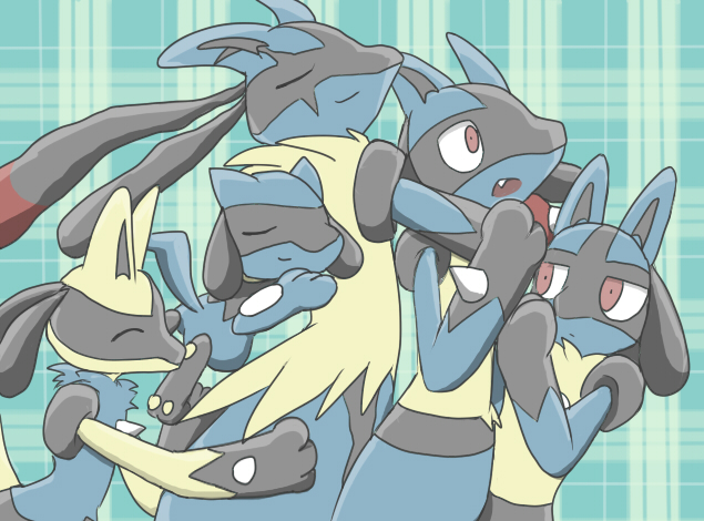 ambiguous_gender anthro black_fur blue_fur fur glomp group lucario nintendo pattern_background pok&eacute;mon pok&eacute;mon_(species) red_eyes riolu shiny_pok&eacute;mon sikai simple_background smile video_games yellow_fur