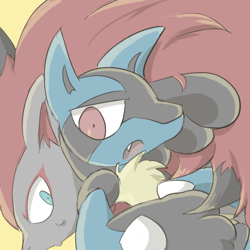 1:1 ambiguous_gender anthro black_fur blue_eyes blue_fur canid duo fur low_res lucario mammal nintendo pok&eacute;mon pok&eacute;mon_(species) red_eyes red_fur sikai simple_background video_games yellow_background zoroark