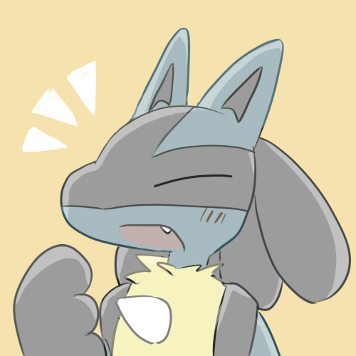 1:1 ambiguous_gender anthro black_fur blue_fur eyes_closed fur happy low_res lucario nintendo open_mouth open_smile pok&eacute;mon pok&eacute;mon_(species) sikai simple_background smile solo video_games yellow_background