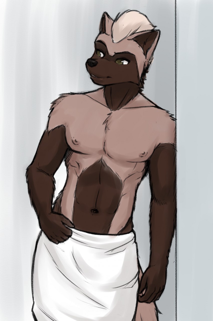 2019 abs anthro athletic blonde_hair chris_(mykegreywolf) covering fur hair hi_res male mammal muscular mustelid musteline mykegreywolf naturally_censored navel nipple_tuft nipples nude pecs sketch towel tuft wolverine yellow_eyes