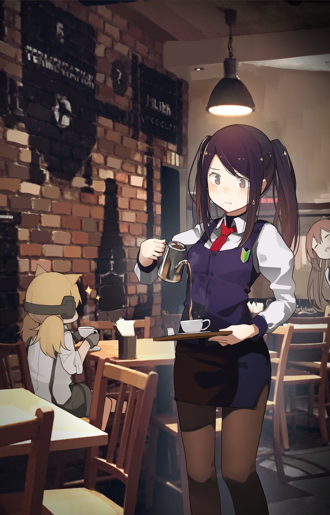 3girls animal_ears bangs blush breasts cat_ears chair closed_eyes closed_mouth coffee coffee_cup collared_shirt cup disposable_cup fuu_fuu girls_frontline highres holding idw_(girls_frontline) indoors jill_stingray long_hair long_sleeves m1903_springfield_(girls_frontline) multiple_girls necktie open_mouth pantyhose pouring red_neckwear shirt shorts sitting skirt sparkle standing suspender_shorts suspenders sweat twintails va-11_hall-a