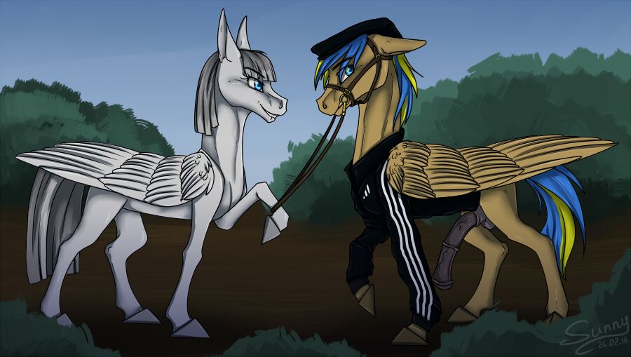 2016 adidas anatomically_correct anatomically_correct_penis animal_genitalia animal_penis balls black_clothing blonde_hair blue_eyes blue_hair blue_sky blue_tail bridle brown_feathers brown_fur brown_wings clothed clothed_feral clothing day detailed_background digital_media_(artwork) duo ears_back equid equine equine_penis erection feathered_wings feathers female feral fur grey_balls grey_hair grey_hooves grey_penis grey_tail hair hat headgear headwear hooves long_hair male mammal medial_ring multicolored_hair multicolored_tail outside penis pivoted_ears plant pterippus reins shrub signature sky smile smirk sunny_way two_tone_hair two_tone_tail vein veiny_penis white_feathers white_fur white_wings wings yellow_tail