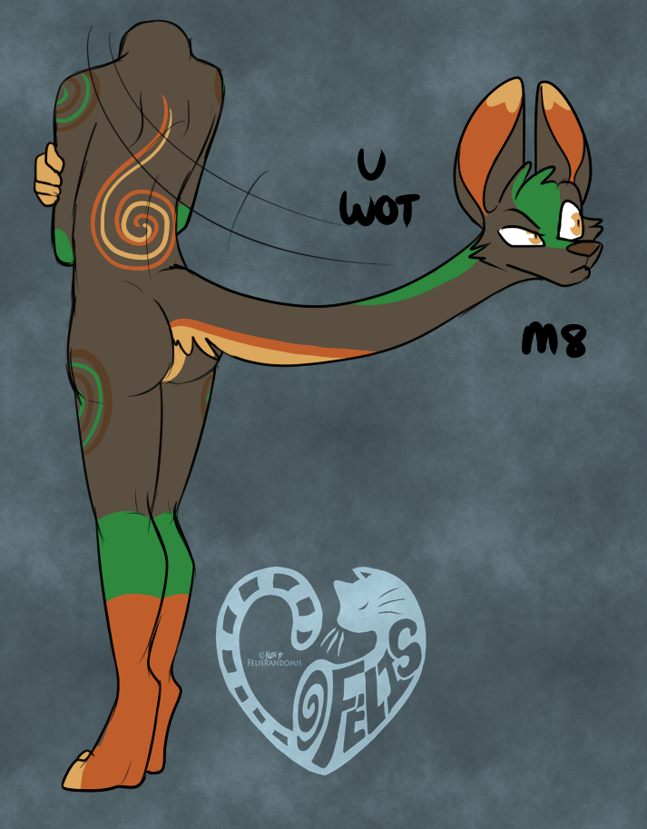 2019 anthro barefoot biped black_fur black_tail brown_nose butt canid canine cheek_tuft digital_media_(artwork) digitigrade eyebrows felisrandomis fingers fur green_fur green_tail grey_background head_tuft hedsentale long_tail male mammal multicolored_fur multicolored_tail nude orange_eyes orange_fur orange_tail raised_eyebrow simple_background solo toeless_(marking) tuft what what_has_science_done yellow_fur yellow_tail