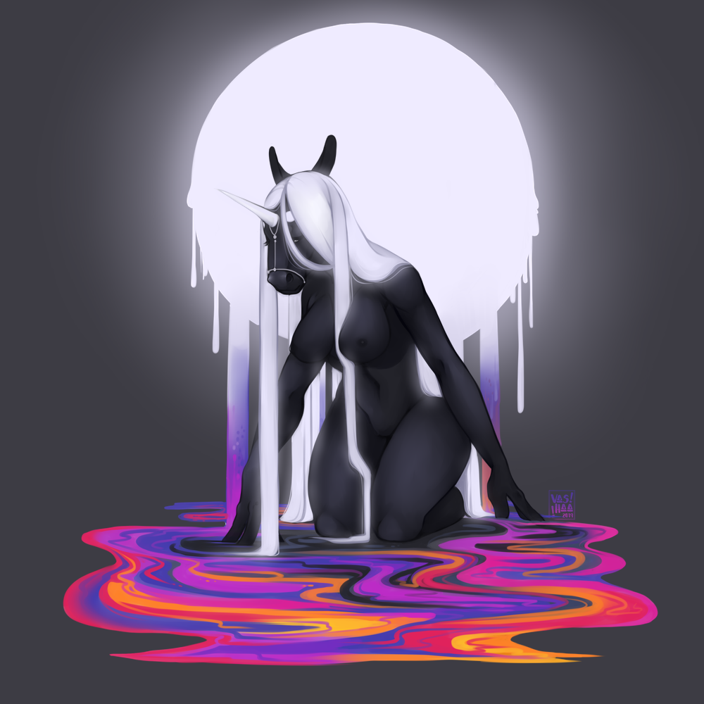 1:1 2019 anthro areola breasts digital_media_(artwork) equid female hair horn kneeling mammal nipples solo unicorn vashaa white_hair