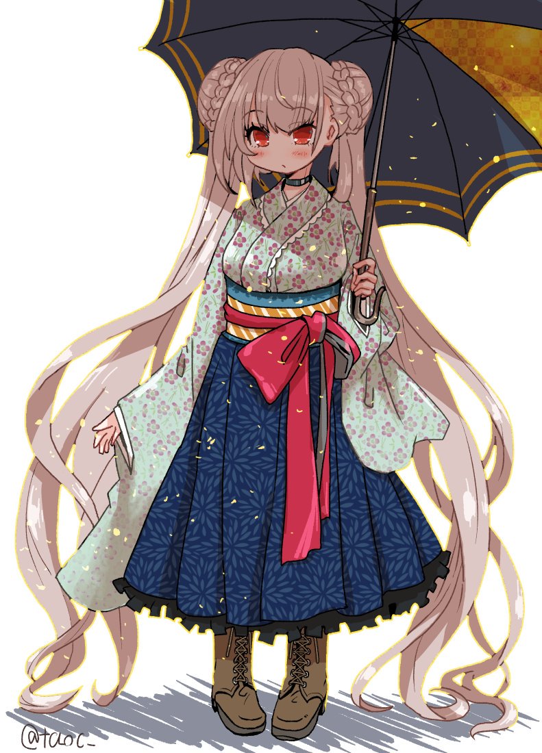 1girl absurdly_long_hair alternate_costume azur_lane backlighting blush boots commentary_request cross-laced_footwear double_bun floral_print formidable_(azur_lane) full_body japanese_clothes kimono long_hair long_sleeves pigeon-toed platinum_blonde_hair red_eyes solo standing tao_(kadoya) twintails twitter_username umbrella very_long_hair white_background wide_sleeves