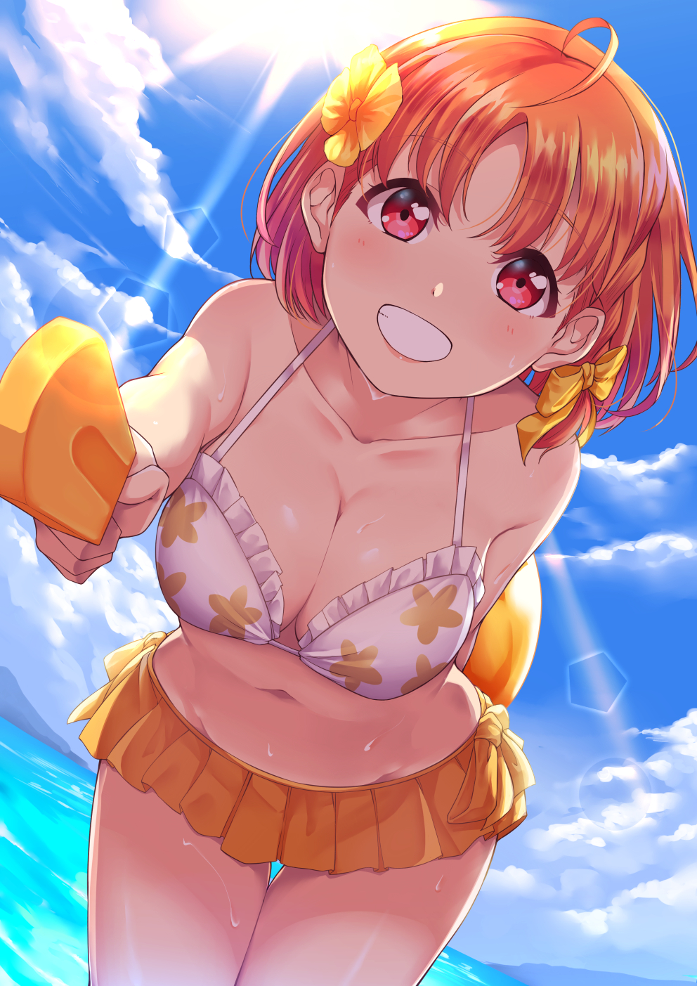 1girl :d ahoge arm_behind_back bangs bent_over blue_sky bow breasts cleavage collarbone day dutch_angle eyebrows_visible_through_hair flower food frilled_bikini_top grin hair_bow hair_flower hair_ornament highres holding holding_food kanabun large_breasts lens_flare light_rays looking_at_viewer love_live! love_live!_sunshine!! microskirt navel ocean open_mouth orange_flower orange_hair orange_skirt outdoors parted_bangs pleated_skirt popsicle pov red_eyes short_hair skirt sky smile solo standing stomach sun sunbeam sunlight sweat takami_chika teeth thigh_gap white_bikini_top yellow_bow