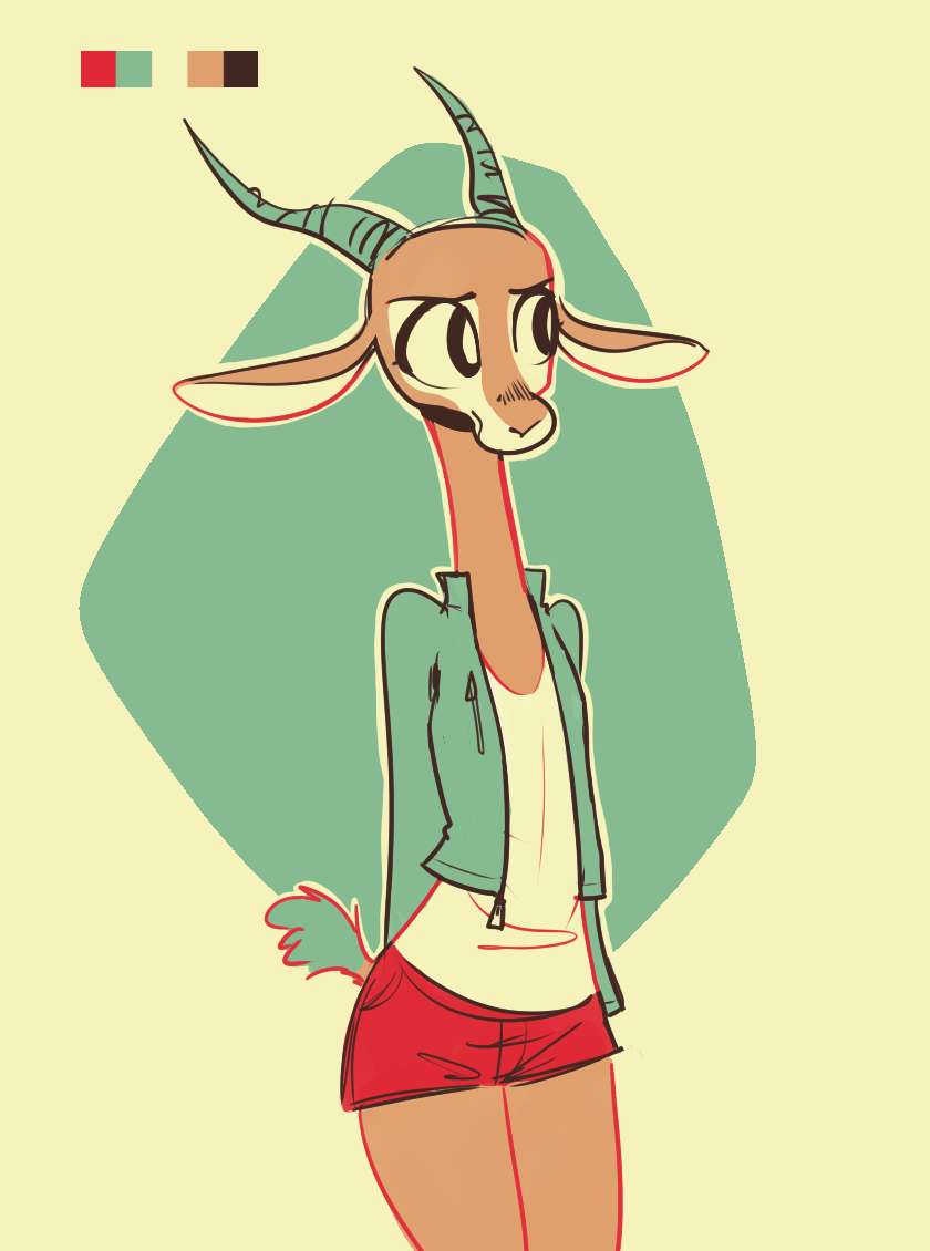 2019 abstract_background ambiguous_gender antelope anthro bottomwear bovid chico_(fuel) clothed clothing color_swatch facial_markings fuel_(artist) gazelle green_background head_markings horn mammal markings open_jacket shorts simple_background solo standing